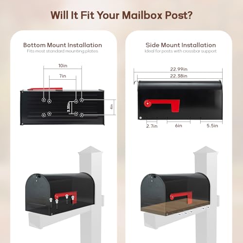 RAINHOL Large Black Mailbox - 23 x 10.7 x 8.9 Inches, Rust-Resistant Steel, Outdoor Use