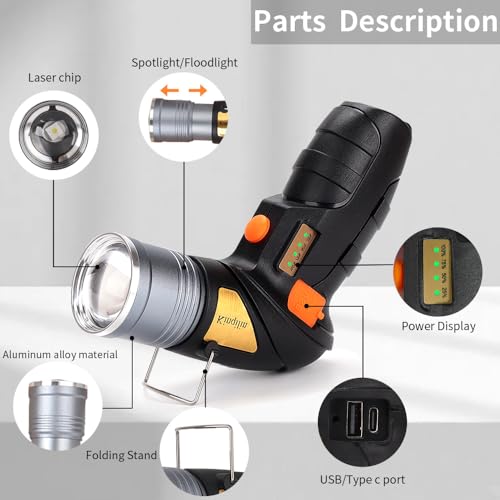 Rechargeable Spotlight,Super Bright 100,000 LED Handheld Spotlight with Zoomable,Foldable Stand,IP67 Waterproof Compact Outdoor for Hunting Walking Emergency Camping