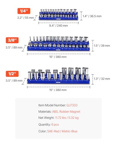 VEVOR 6PCS Magnetic Socket Organizer Set with Clear Labels, 1/4''-1/2'' Metric & SAE, Blue & Red Variation