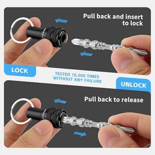 6Pcs Drill Bit Holder Key Chain, 1/4 Hex Shank Aluminum Alloy Push to Unlock Quick Release for Impact Bit Driver Extension Bar Nut Driver Screwdriver & Drill Bits,Tool Gifts for Men-Black