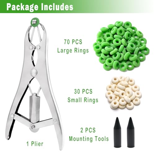 Goat Banding Kit with Stainless Steel Pliers, 70 Large and 30 Small Rings