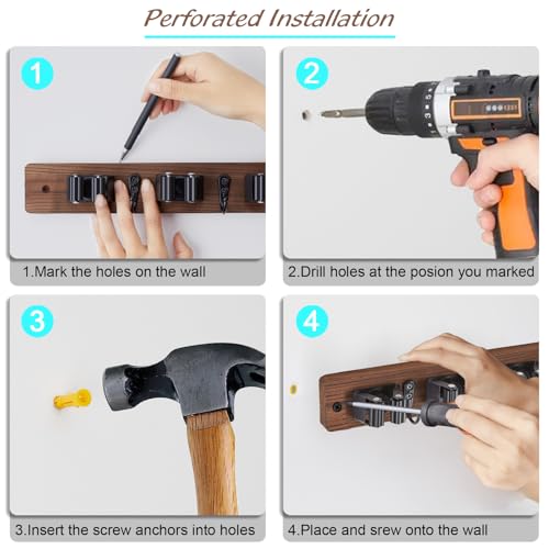 OUTNILI Rustic Wood Wall-Mounted Broom and Mop Holder with 4 Slots & Hooks - Brown / 4 Grips - 1 Pack