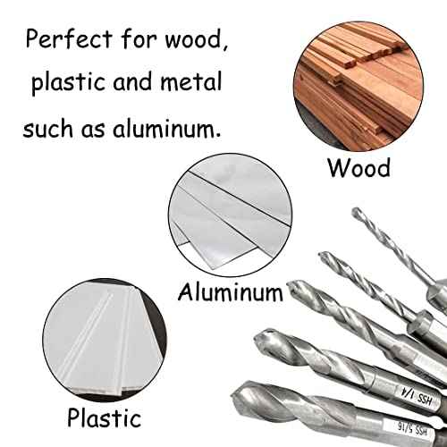 5PCS Stubby Drill Bit Set Short Drill Bits HSS 4241 Steel 1/4" Quick Change Hex Shank 3/32, 1/8, 3/16, 1/4, 5/16 Inch for Woodworking