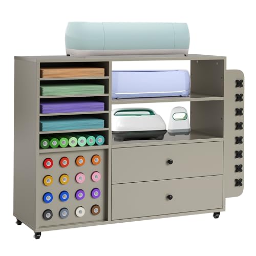 SunnyFurn 42'' Grey Cart for Cricut - Large Craft Table Workstation with 2 Drawers
