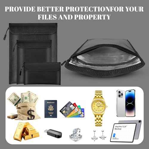 Fireproof Waterproof Document Bag 3-Pack Black 2000¢µ Money Bag for Cash Passports ID Cards Social Security Card Protector Waterproof Zipper Pouch Fire Proof Bank Bag Document Holder