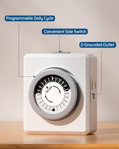 DEWENWILS 24 Hour Mechanical Plug-in Timer - Dual Outlets, Indoor, Easy Setup