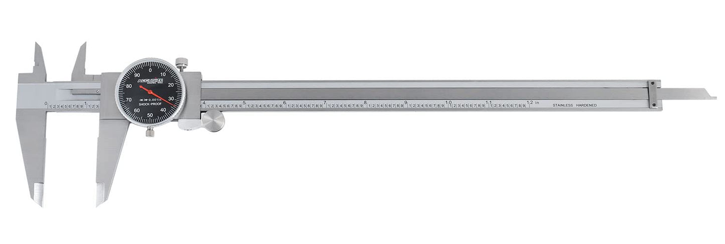 Accusize Industrial Tools 0-12'' by 0.001'' Black Face, Red Needle, Dial Caliper Stainless Steel in Fitted Box, P920-B212