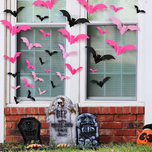 Pink & Black 72 Pcs 3D Bat Wall Decor Stickers Halloween Decorations
