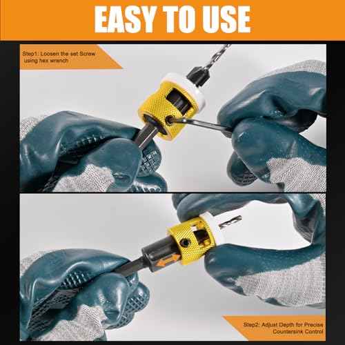 Adjustable Depth 1/8" x3/8" Countersink Drill Bit, Low Friction Stop Prevent Scratches, 1/4" Hex Shank for Quick Change, Replaceable HSS Pilot Drill Bit for Wood, Plastic, Woodworking