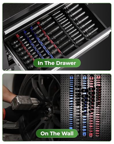ALOANES 1/2-Inch Drive Heavy-Duty Aluminum Socket Organizer with 16 Clips (Red)