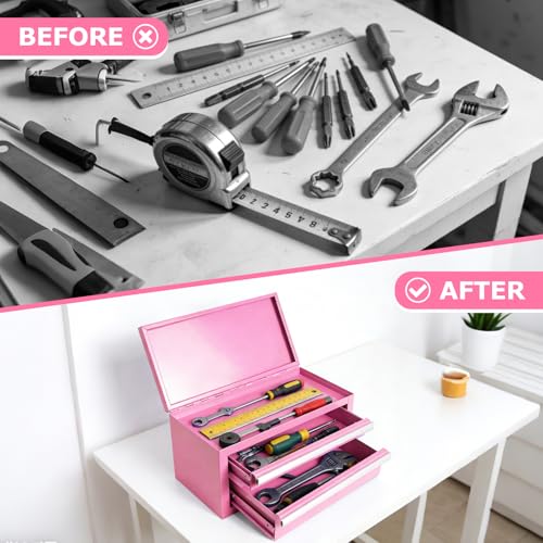 TWUBLK Mini Pink Steel Tool Box with Drawers - Small Portable Metal Toolbox Organizer