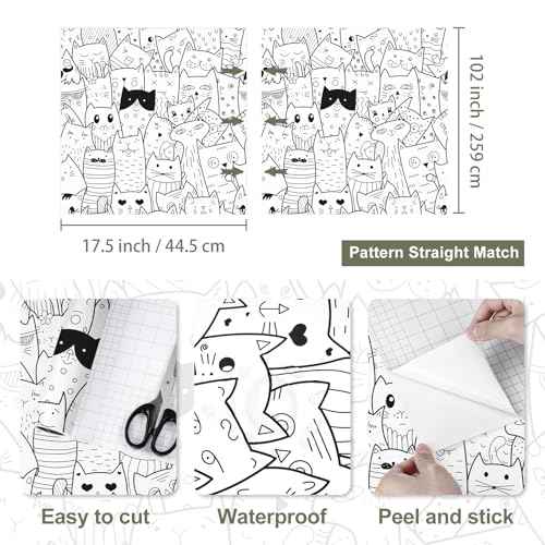 Cat Wallpaper Beige Peel and Stick Wallpaper Black Cat Contact Paper Self Adhesive Animal Cute Kitten Stick on Wall Paper for Dollhouse Nursery Shelf Liner Accent Wall Pet Room 17.5"x102"