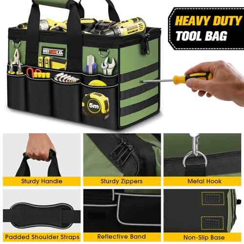 Heavy Duty Tool Bag 16-Inch - 19 Pockets Tool Organizer, Portable Electrician Toolbox W/Soft Handle, Christmas Birthday Gift Ideas for Men Dad Husband Him Mechanic Plumber, Wide Mouth Tool Storage Box