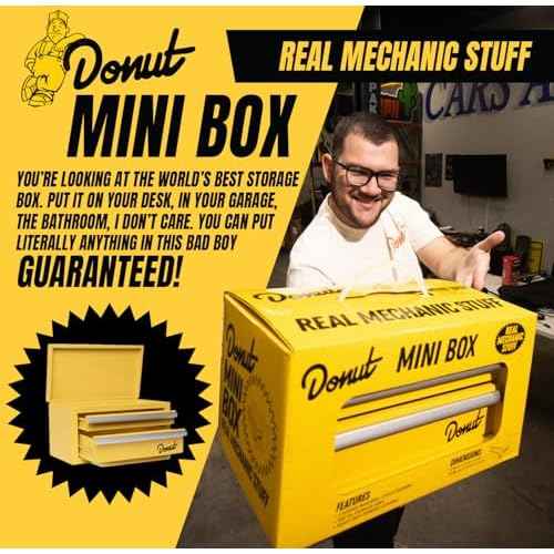 Donut Media Mini Tool Box | Magnetic Catch Drawers; Top Storage; Heavy Duty Powder Coating | Small Metal Stash Box; Desk Organizer; Mechanics Essentials | Compact Tool Kit; 3 Drawer Chest; Yellow
