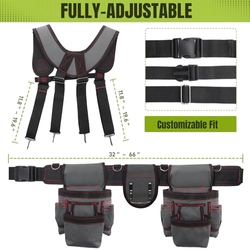 Tool Belt for Men, 32 to 66 Inches Adjustable Waist, Tool Belt with Suspenders for Electricians, Carpenters, Construction Workers and Gardeners, Grey and Red