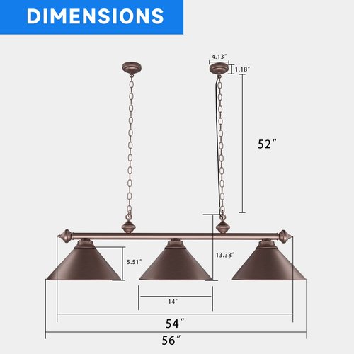 GSE Games & Sports Expert Pool Table Light, Hanging Billiard Light for 7ft/8ft Pool Tables with 3 Metal Lamp Shades for Billiards Room (Oil Rubbed Bronze)