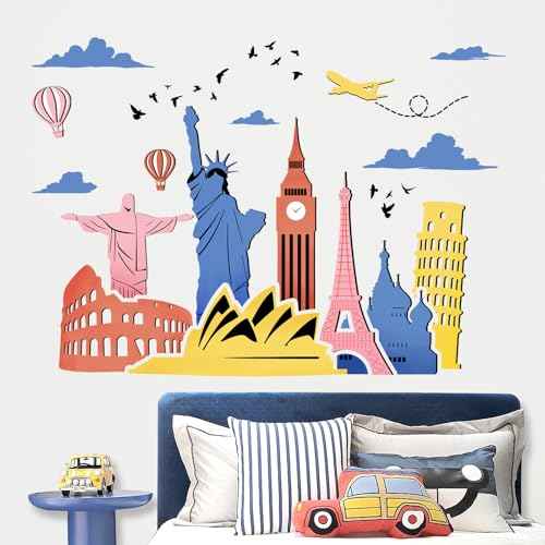 Yovkky World Famous Landmarks Buildings Wall Decals Stickers, Globe Travel Statue of Liberty Architecture Home Bedroom Decor, Airplane Hot Balloon Cloud Tourist Living Room Kitchen Decorations Art