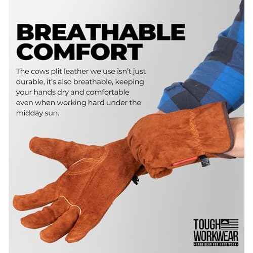 Tough Workwear Leather Work Gloves - Cow Split Leather Gardening & Construction Gloves - Brown
