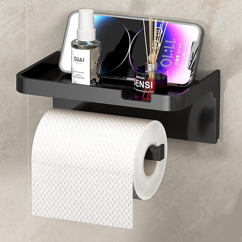 Toilet Paper Holder with Shelf, Fits Mega Rolls, Self Adhesive Wall Mount Toilet Paper Roll Holder, Ideal for Bathroom, Washroom, Kitchen, RV(Matte, Black