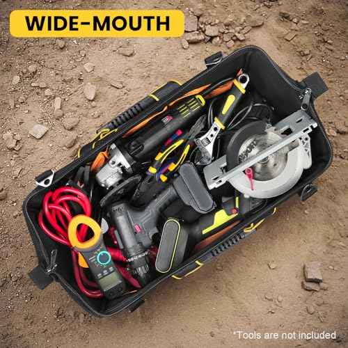 Tool Bag, 18-inch Wide Mouth Tool Organisers, 600 Denier Large Tool Bag for Home DIY & Equipment Storage, Yellow and Black