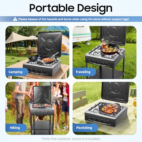 Portable 4-Burner Gas Stove with Double Shelves - Indoor/Outdoor Cooking