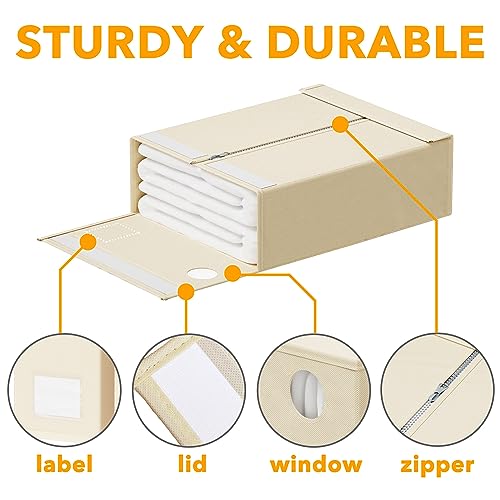 SpaceAid 4 Pack Bed Sheet Organizers and Storage, Foldable Sheet Organizer for Linen Closet, Sheets Set Folder Keeper with Window XL (Queen & King Size) Organizing Bedding Container, Beige