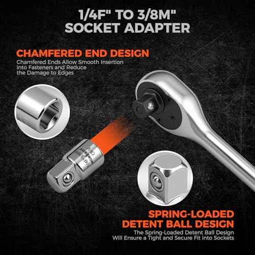 HORUSDY 1/4" Drive 90-Tooth Quick-Release Ratchet Handle with 1/4" to 3/8" Adapter, Reversible Thin Profile Socket Wrench, 4¡Æ Swing Arc, Ergonomic Anti-Slip Grip, Ideal for Auto, Bike & Home Repair