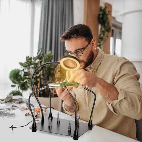 WUWEOT Helping Hands Soldering Clamp Station, 6X LED Magnifying Lamp, Moveable 4 Magnetic PCB Holder, Flexible Metal Arms, Non-slip Weighted Base, Third Hand Tool for Electronic Repair Crafts Jewelry