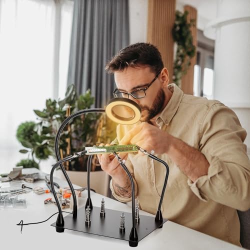 WUWEOT Helping Hands Soldering Clamp Station, 6X LED Magnifying Lamp, Moveable 4 Magnetic PCB Holder, Flexible Metal Arms, Non-slip Weighted Base, Third Hand Tool for Electronic Repair Crafts Jewelry