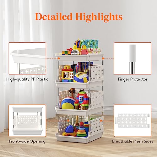 Lifewit Plastic Stackable Storage Baskets, 4 Tier Stacking Bins 13.8"D x 11.8"W x 28.3"H, Large Capacity Multi-Functional Containers Shelves for Pantry, Playroom, Kitchen and Bedroom, 1 Pack, White