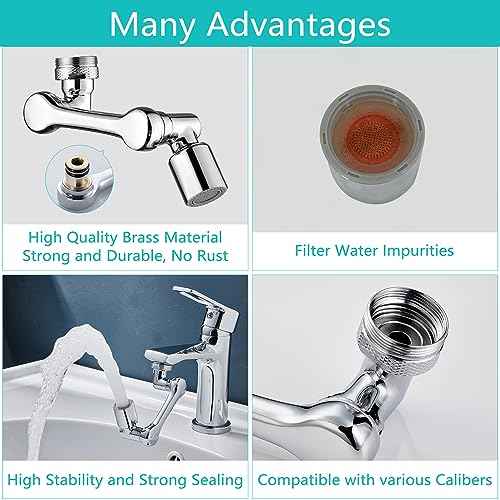 1080¡ÆSwivel Faucet Extender, Sink Water Faucet Aerator Extension in Brass, Swivel Robotic Arm Bathroom Faucet Extender, Kitchen Rotating Extension Filter with 2 Mode Splash