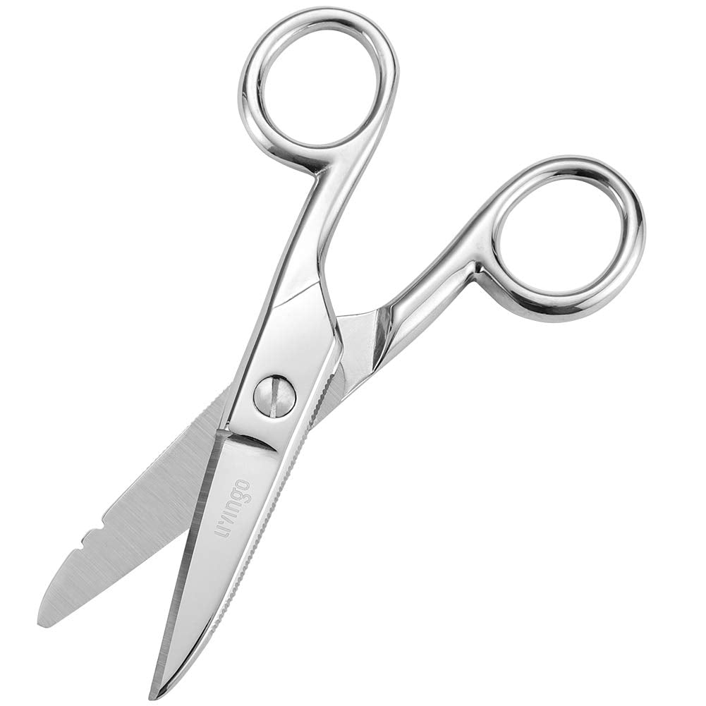 LIVINGO 5-1/5 Inch Heavy Duty Electrician Scissors, Professional Forged Stainless Steel Electrical Shears with Notches for Industrial Stripping, Cutting Telecom Cable, Wire