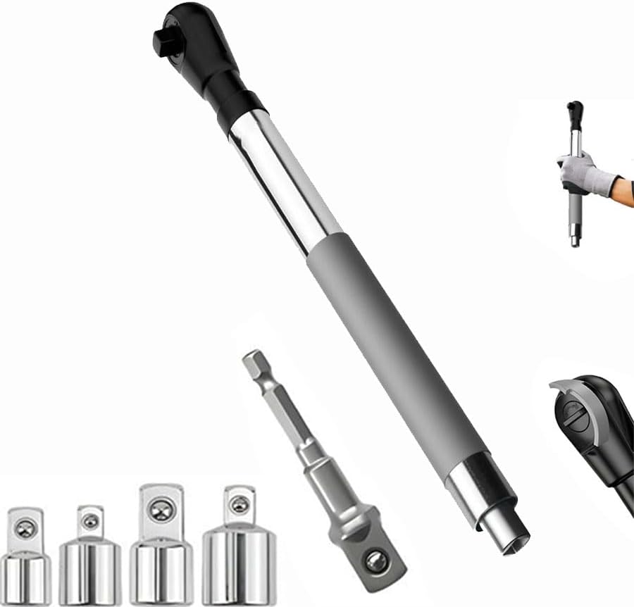 Offset Extension Wrench Impact for Electric Drill, with 4 Socket Adapters and 1/2‘’ Drill Adapter, Multifunctional Chain Drive Electric Ratchet Wrench Tool for Tightening Fasteners (1pcs)