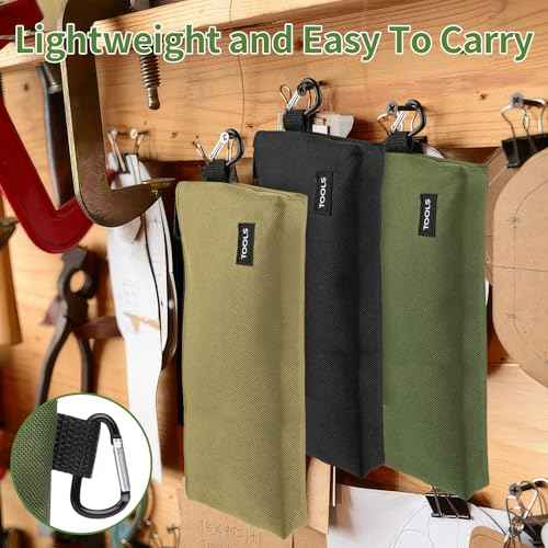 3 Pack Premium Tool Pouches Zipper Bag, 12 in Small Tools Bags with Carabiner, Heavy Duty Flat Bottom Utility Multipurpose Storage Organizer Bag for Tool, Stationary, Pencil (Tan, Navy Green, Black)