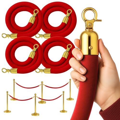 4PCS 42mm Thick Red Velvet Ropes for Crowd Control ? 5FT Premium Stanchion Rope with Hooks Velvet Ropes and Posts for Red Carpet Stanchions Events Weddings Parties