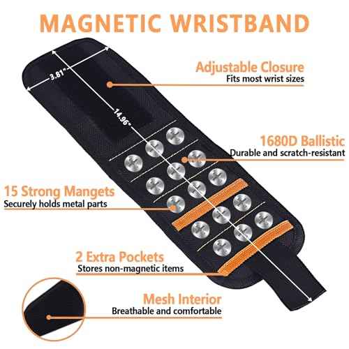 Magnetic Wristband for Tools, Screws, Nails and Drill Bits, Magnetic Wrist Band Made from 15 Strong Magnets, Wrist Magnetic Screw Holder, Tool Gifts for Men, Dad, Husband, Grandpa, Handyman