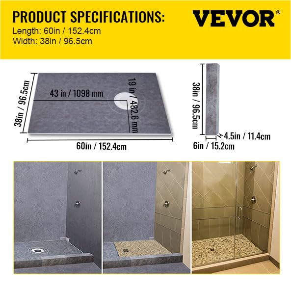 VEVOR Shower Curb Kit, 38"x60" Watertight Shower Curb Overlay with 4" ABS Offset Bonding Flange, 4" Stainless Steel Grate, 2 Cuttable Shower Curb and Trowel, Shower Pan Slope Sticks Fit for Bathroom