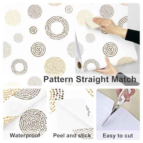 Circle Geometric Peel and Stick Wallpaper Boho Wallpaper White Abstract Wallpapers Renter Friendly Contact Paper for Cabinets and Drawers Vinyl Wall Paper Adhesive Desk Drawer Liner Decor