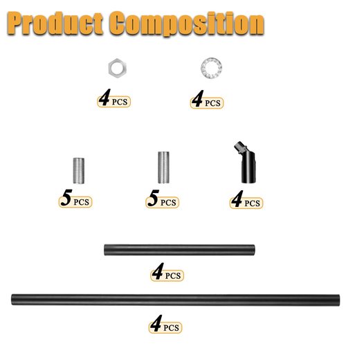 M10 Threaded Extension Rods Kit for Sloped Ceilings – 8 Heavy-Duty Iron Rods & 4 Adapters, Fits Chandeliers/Pendant Lights (Feylan)