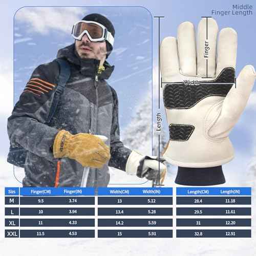 Mens Winter Work Gloves Insulated Waterproof Leather, Thinsulate Thermal Lining with Anti-Slip Palm for Cold Weather