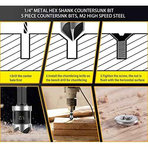 Countersink Drill Bit Set for Metal 5 Pieces - M2 Cobalt Countersunk Bits,5 Flute 82 Degree,1/4" Hex Shank Countersunk Bit Set 1/4'' 3/8'' 1/2'' 5/8'' 3/4'' for Drilling Copper, Aluminum, and Wood.