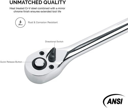 Neiko 03034A 3/8” Drive Extra Long Ratchet | 18” Length | 72 Tooth Gear | Cr-Mo Head | CR-V Steel