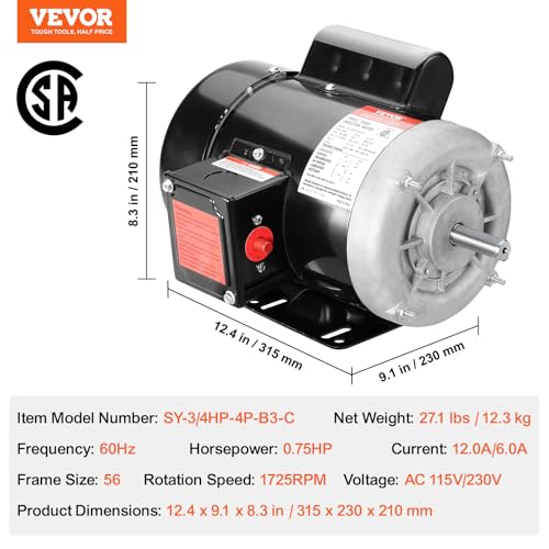 VEVOR 3/4HP Single Phase Electric Motor 1725 RPM 56 Frame, Reversible AC Compressor Motor