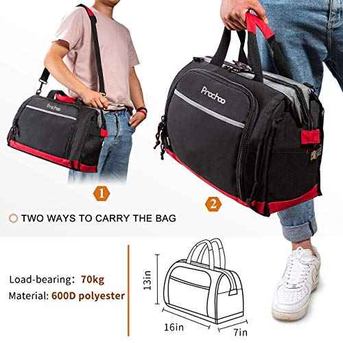 Waterproof Tool Bags for Men or Women, 16-inch Wide Mouth Tool Tote Bag with 25 Pockets for Tool Organizer & Storage, with Adjustable Shoulder Strap (16IN, Black/Red)