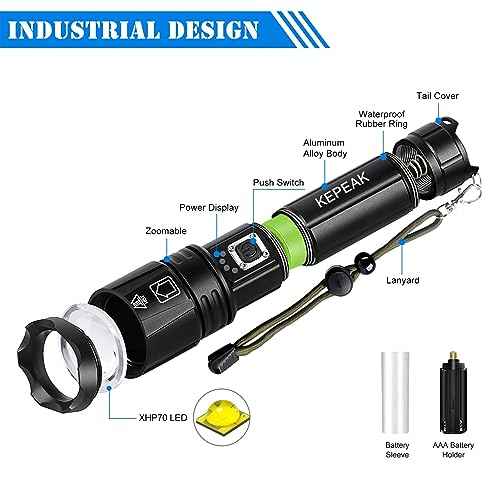 KEPEAK Flashlight, Rechargeable Flashlights High Lumens, Super Bright LED Flash Light, Powerful, Zoomable, Tactical Flashlight for Camping, Emergency
