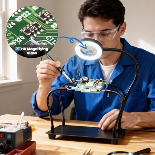 Helping Hands Soldering Station with 5X Magnifying Glass and Light, ELMCONFIG PCB Soldering Holder Metal Circuit Board Holder with 4 Flexible Metal Arms for Soldering, Assembly, Repair