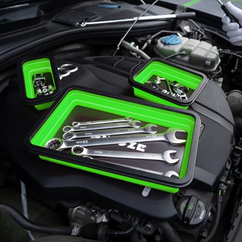 Pinoze 3-Piece Collapsible Magnetic Parts Tray Set with 12" Flexible Magnetic Pickup Tool - Green