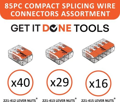 WAGO 221 Series 85pc Compact Splicing Wire Connector Assortment with Case, Includes (40x) 221-412, (29x) 221-413, (16x) 221-415, Lever Nuts