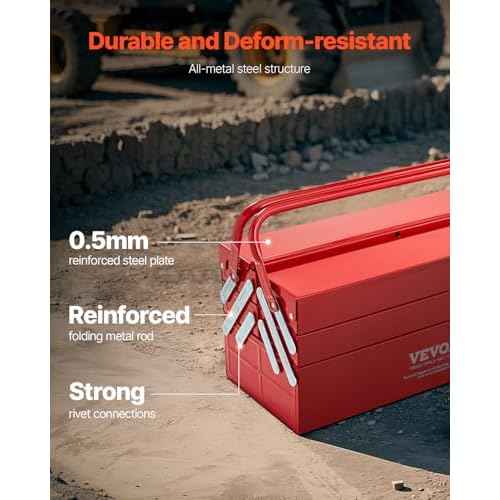 VEVOR Metal Tool Box, 18-inch, 3-Tier 5-Tray Portable Folding Tool Chest Organizer with Handle & Lock Hole, Powder Coated Steel, Cantilever Toolbox for Household Factory Warehouse Repair Shop, Red
