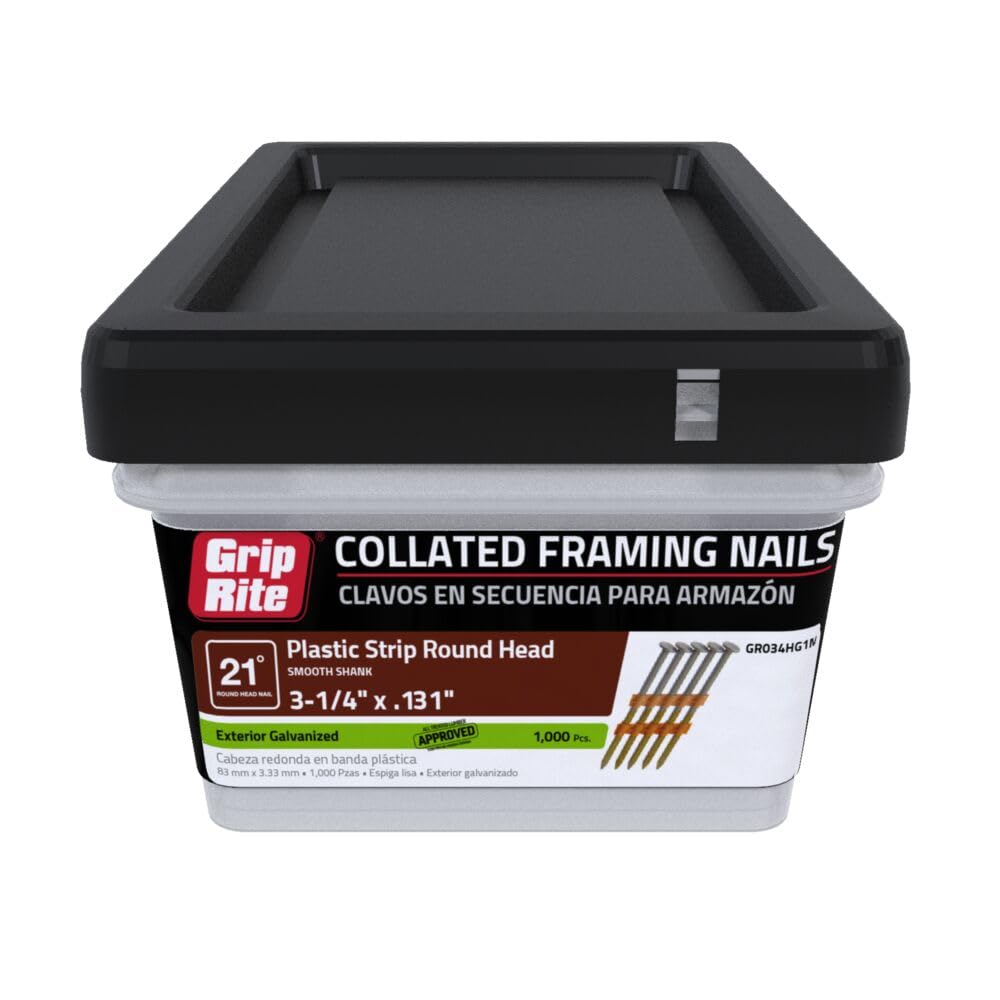 Grip Rite Prime Guard GR034HG1M 21 Degree Plastic Strip Round Head Exterior Galvanized Collated Framing Nails, 3-1/4" x 0.131"